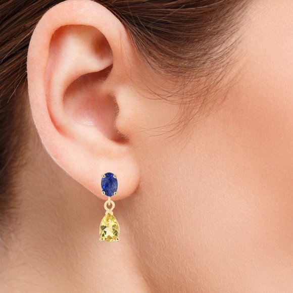 Cute Small Dangle Earrings 14k Yellow Gold Blue Sapphire and Yellow Citrine - Picture 8 of 9